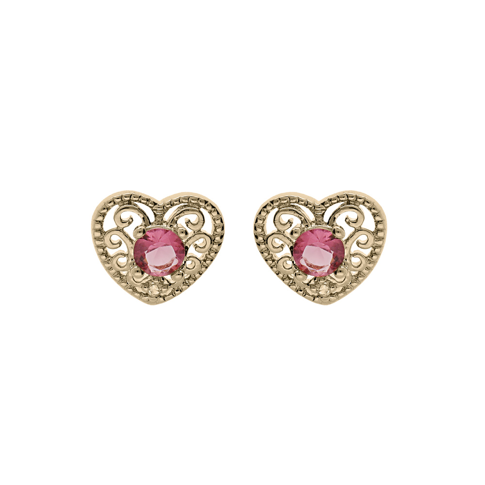Boucles d\'oreille en plaqu� or forme coeur ajour�e oxyde fushia et fermoir poussette - Vue 1
