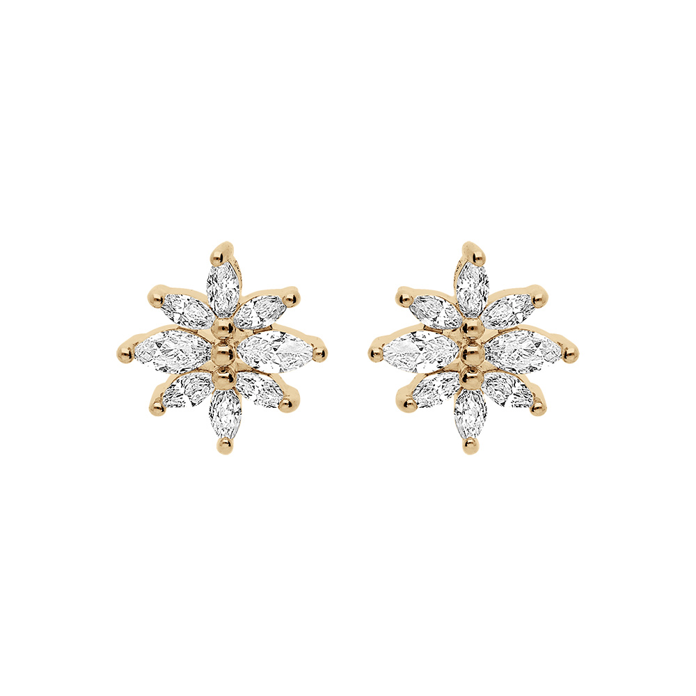 Boucles d\'oreille en plaqu� or forme fleur oxydes blancs et fermoir poussette - Vue 1