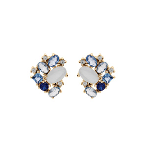 Boucles d\'oreille en plaqu or gomtrie oxydes bleus et blancs et fermoir poussette - Vue 1