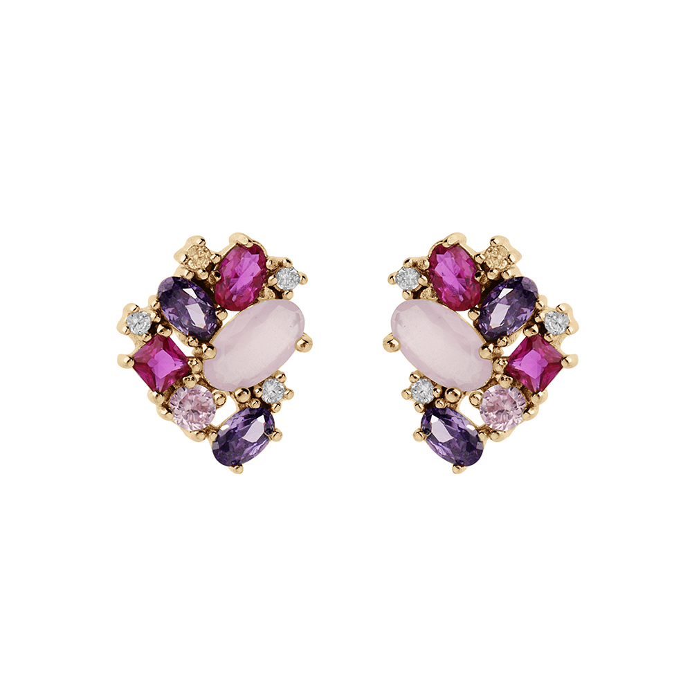 Boucles d\'oreille en plaqu� or g�om�trie oxydes roses et violets et fermoir poussette - Vue 1