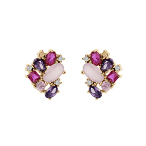 Boucles d\'oreille en plaqu or gomtrie oxydes roses et violets et fermoir poussette - Vue 1