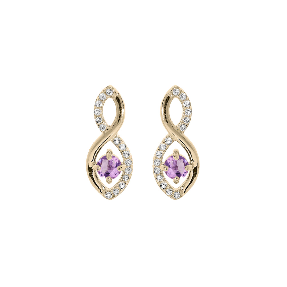 Boucles d\'oreille en plaqu� or infini Amethyste v�ritable et oxydes blancs sertis et fermoir poussette - Vue 1