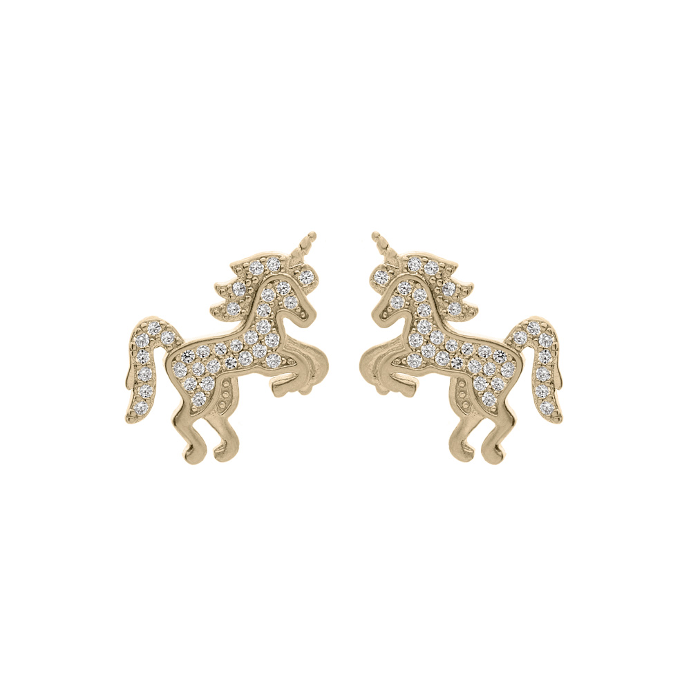 Boucles d\'oreille en plaqu� or licorne oxydes blancs sertis et fermoir poussette - Vue 1