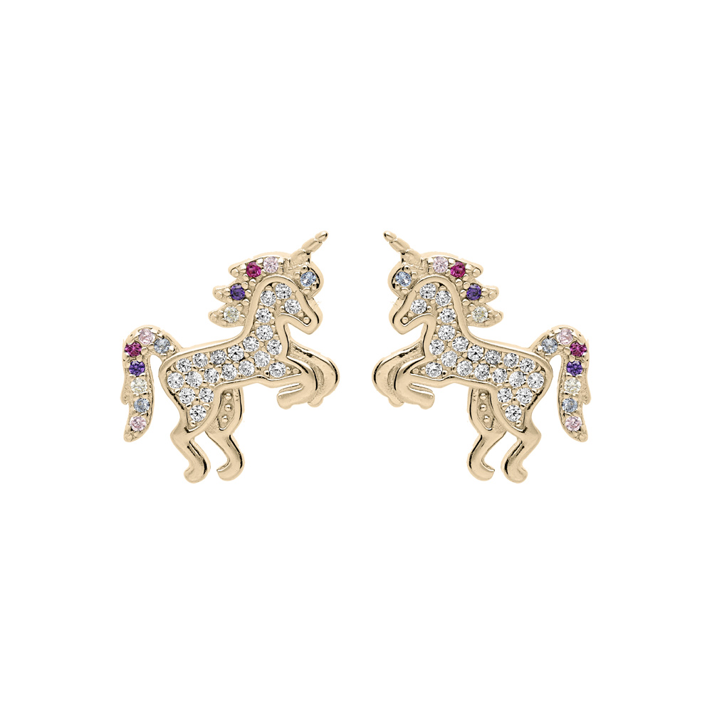 Boucles d\'oreille en plaqu� or licorne oxydes multi couleurs sertis et fermoir poussette - Vue 1