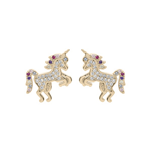 Boucles d\'oreille en plaqu or licorne oxydes multi couleurs sertis et fermoir poussette - Vue 1