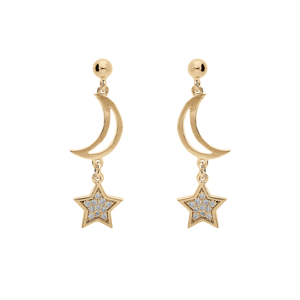 Boucles d\'oreille en plaqu� or lune �vid�e et �toile avec oxydes blancs sertis et fermoir poussette - Vue 1