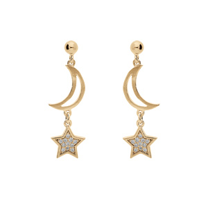 Boucles d\'oreille en plaqu or lune vide et toile avec oxydes blancs sertis et fermoir poussette - Vue 1