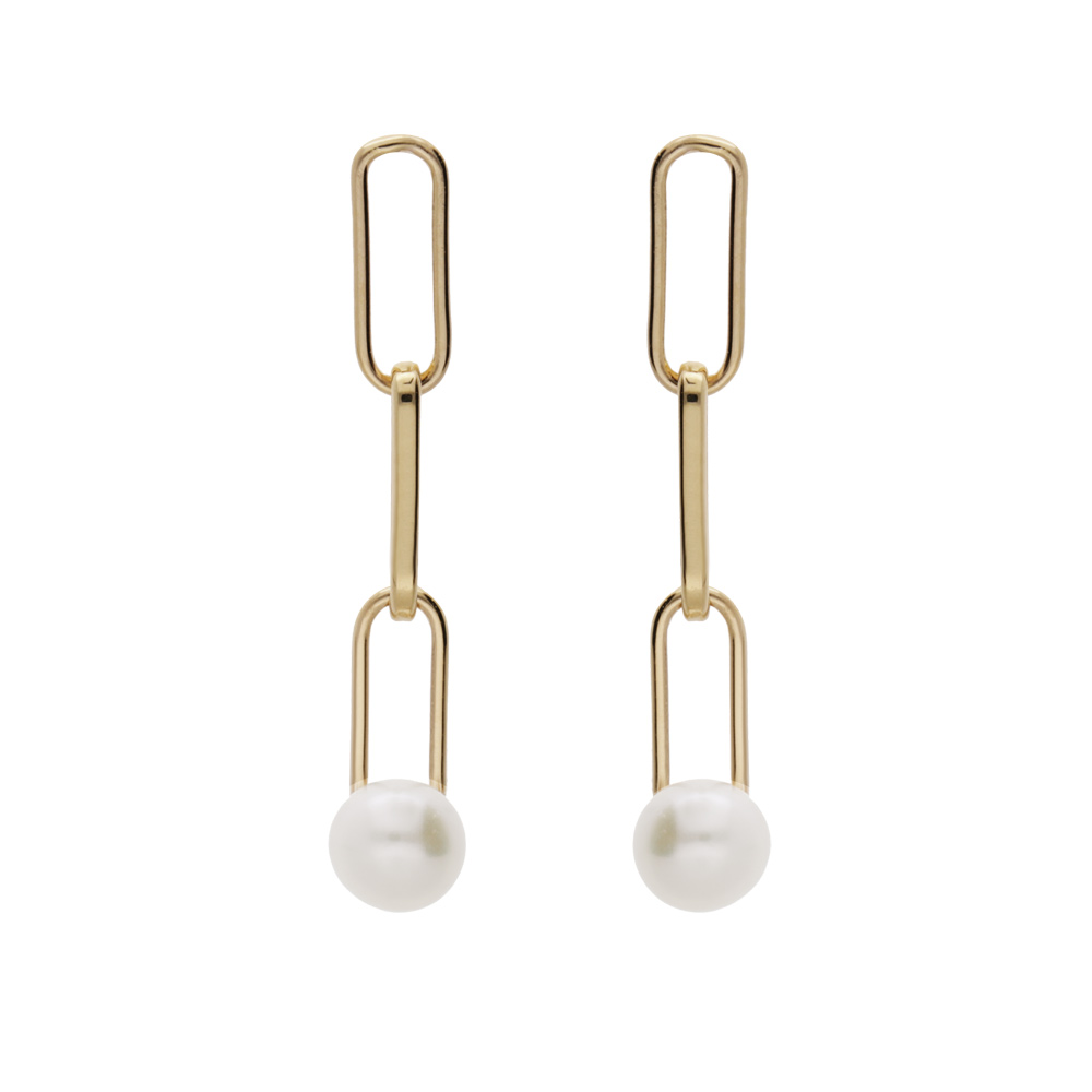 Boucles d\'oreille en plaqu� or mailles rectangulaire suspendue et Perle de culture d\'eau douce fermoir poussette - Vue 1