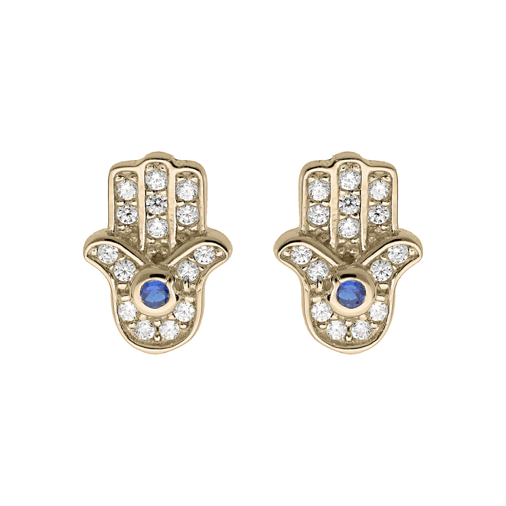 Boucles d\'oreille en plaqu� or main de Fatma pav�e d\'oxydes blancs et bleu et fermoir poussette - Vue 1