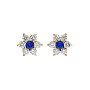 Boucles d\'oreille en plaqu or marguerite oxydes centre bleu fonc et contour blancs sertis et fermoir poussette - Vue 1