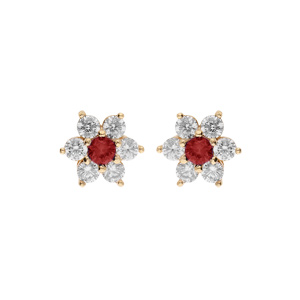 Boucles d\'oreille en plaqu or marguerite oxydes centre rouge et contour blancs sertis et fermoir poussette - Vue 1