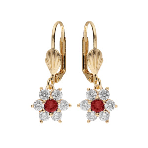 Boucles d\'oreille en plaqu or marguerite oxydes centre rouge fonc et contour blancs sertis  fermoir dormeuse - Vue 1