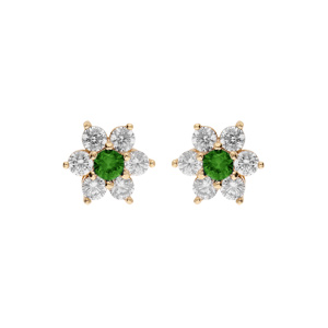 Boucles d\'oreille en plaqu or marguerite oxydes centre vert et contour blancs sertis et fermoir poussette - Vue 1