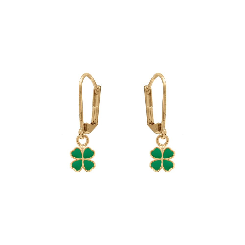 Boucles d\'oreille en plaqu� or motif tr�fle r�sine verte -  fermoir dormeuse - Vue 1