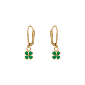 Boucles d\'oreille en plaqué or motif trèfle résine verte - fermoir dormeuse - Vue 1