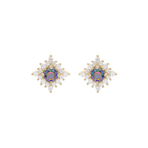 Boucles d\'oreille en plaqu or oxyde arc en ciel mystique et oxydes blancs sertis et fermoir poussette - Vue 1