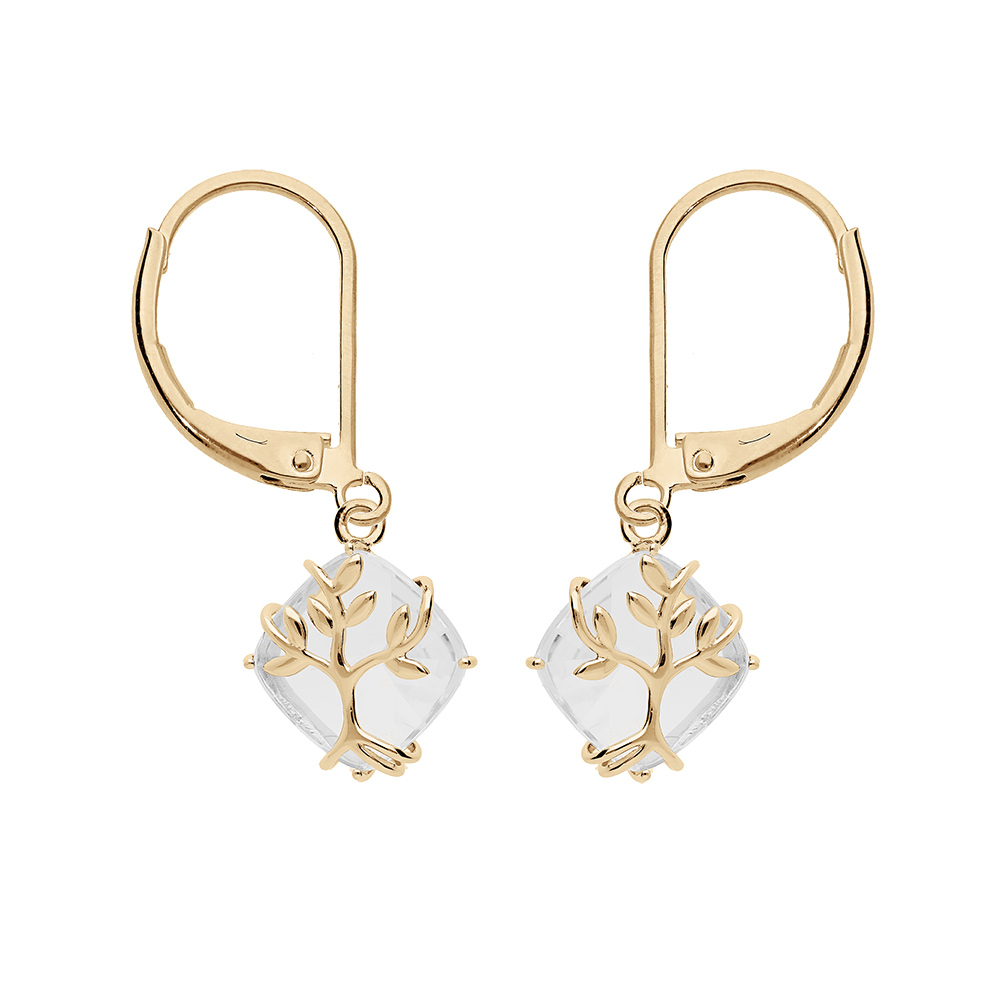 Boucles d\'oreille en plaqu� or oxyde blanc motif arbre de vie et fermoir dormeuse - Vue 1