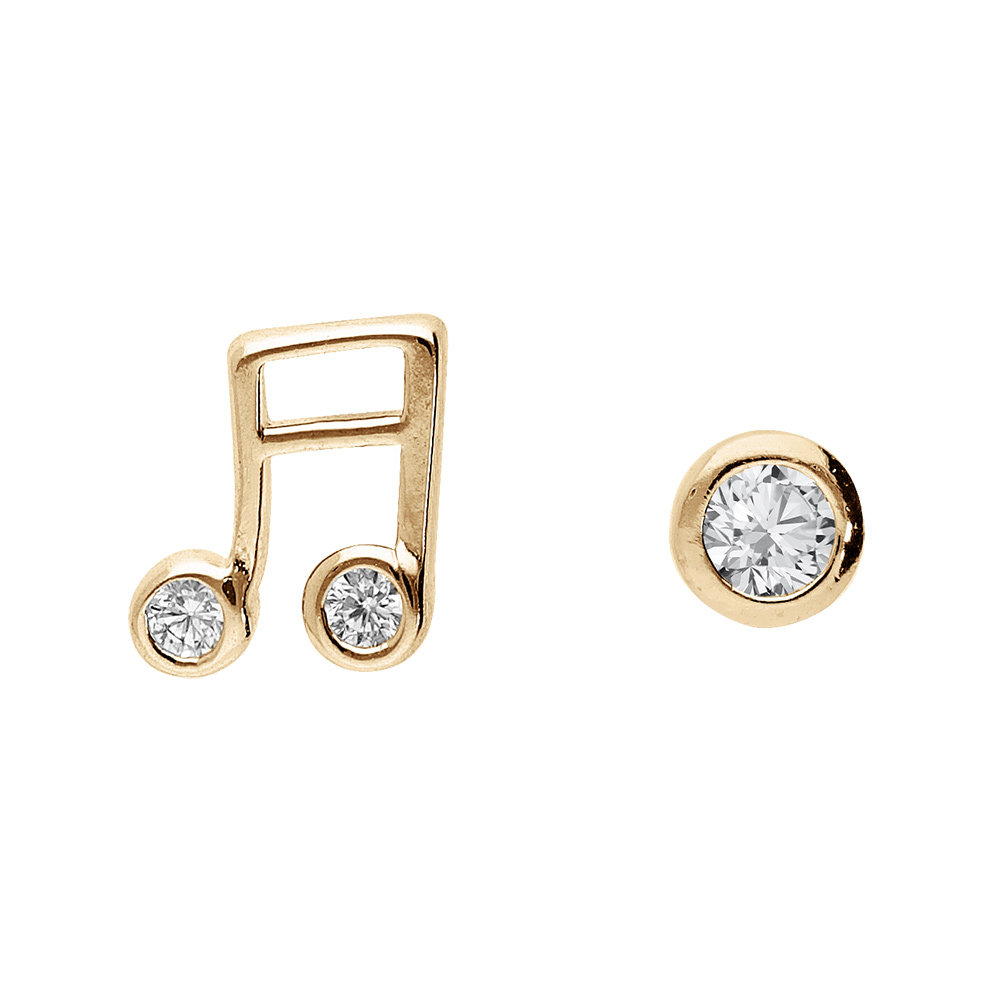 Boucles d\'oreille en plaqu� or 1 oxyde blanc serti clos et 1 note de musique croche et fermoir poussette - Vue 1