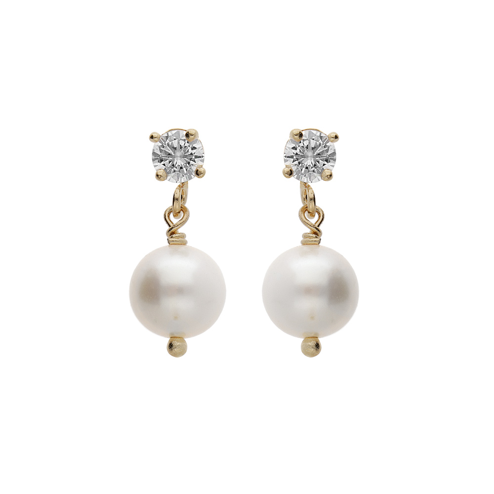 Boucles d\'oreille en plaqu� or oxyde blancs serti et pampille Perle de culture d\'eau douce fermoir poussette - Vue 1