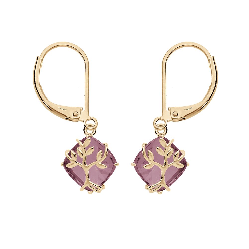 Boucles d\'oreille en plaqu or oxyde violet motif arbre de vie et fermoir dormeuse - Vue 1