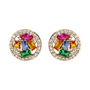 Boucles d\'oreille en plaqué or oxydes multicouleurs rondes cerclée d\'oxydes blancs et fermoir poussette - Vue 1