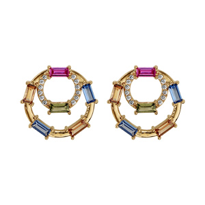 Boucles d\'oreille en plaqué or oxydes multicouleurs sur double cercle et fermoir poussette - Vue 1