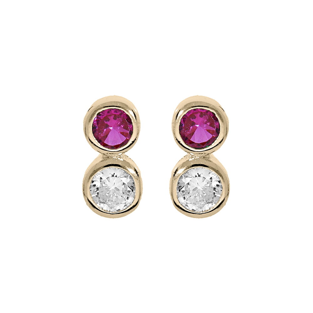 Boucles d\'oreille en plaqu� or 2 oxydes rose et blanc sertis clos et fermoir poussette - Vue 1
