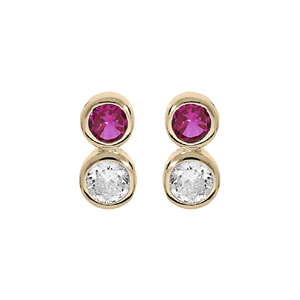 Boucles d\'oreille en plaqu or 2 oxydes rose et blanc sertis clos et fermoir poussette - Vue 1