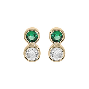 Boucles d\'oreille en plaqu or 2 oxydes vert et blanc sertis clos et fermoir poussette - Vue 1