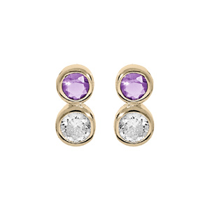 Boucles d\'oreille en plaqu or 2 oxydes violet et blanc serti et fermoir poussette - Vue 1