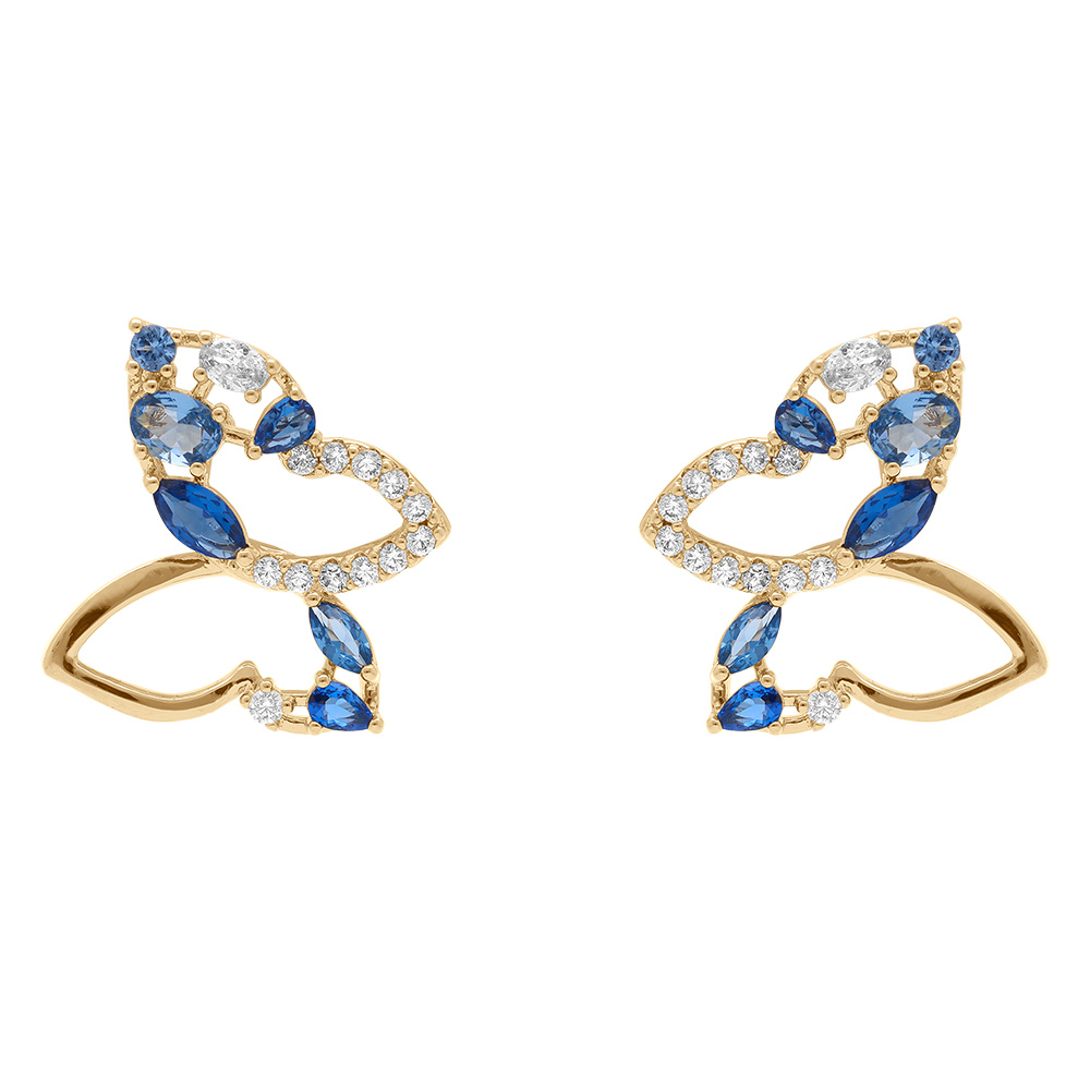 Boucles d\'oreille en plaqu� or papillon ajour� avec oxydes bleus et blancs - Vue 1