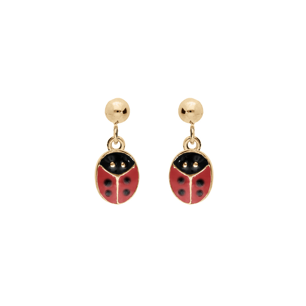 Boucles d\'oreille en plaqu� or pendante coccinelle rouge et fermoir poussette - Vue 1