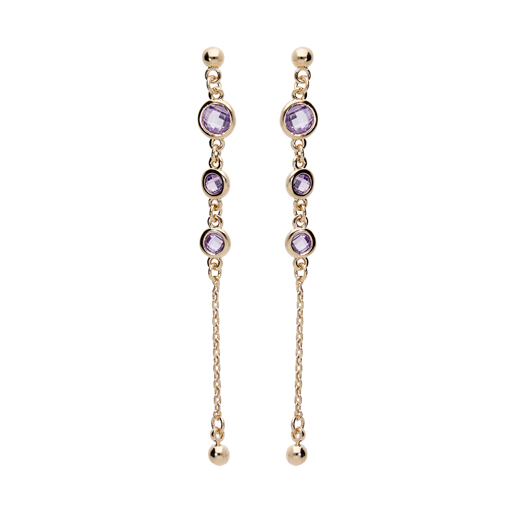 Boucles d\'oreille en plaqu� or pendantes avec oxydes ronds violets et cha�nette et fermoir poussette - Vue 1
