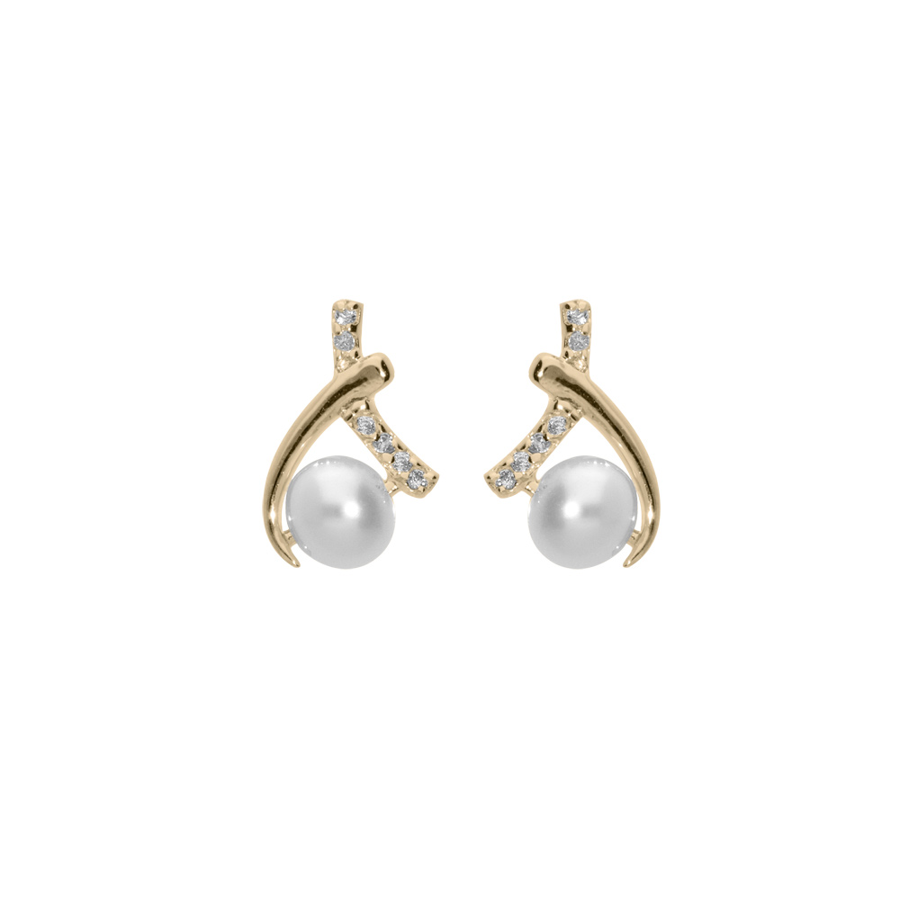 Boucles d\'oreille en plaqu� or Perle de culture d\'eau douce blanche et oxydes blancs sertis fermoir poussette - Vue 1