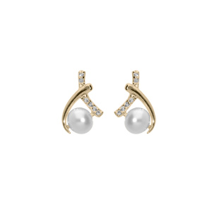 Boucles d\'oreille en plaqu or Perle de culture d\'eau douce blanche et oxydes blancs sertis fermoir poussette - Vue 1