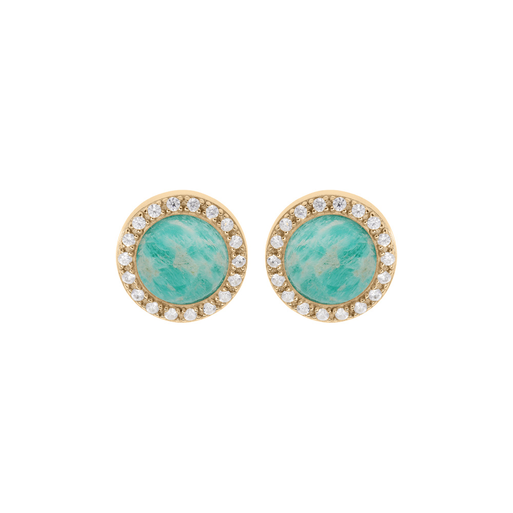 Boucles d\'oreille en plaqu� or pierre Amazonite v�ritable contour oxydes blancs sertis et fermoir poussette - Vue 1