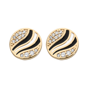 Boucles d\'oreille en plaqu or rond d\'oxydes blancs et couleur noire et blanche et fermoir poussette - Vue 1