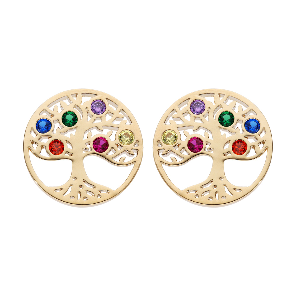 Boucles d\'oreille en plaqu� or ronde avec arbre de vie empierr� multicolore et fermoir poussette - Vue 1