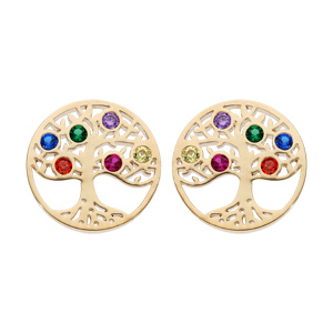 Boucles d\'oreille en plaqu or ronde avec arbre de vie empierr multicolore et fermoir poussette - Vue 1