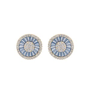 Boucles d\'oreille en plaqu or ronde avec oxydes rectangulaires bleus et oxydes blancs sertis fermoir poussette - Vue 1