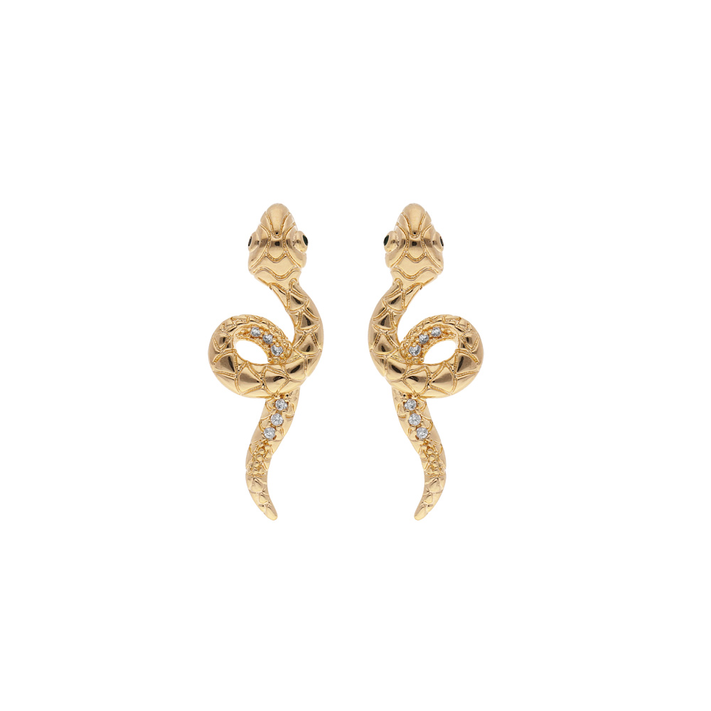 Boucles d\'oreille en plaqu� or serpent enroul� avec oxydes blancs sertis et fermoir poussette - Vue 1