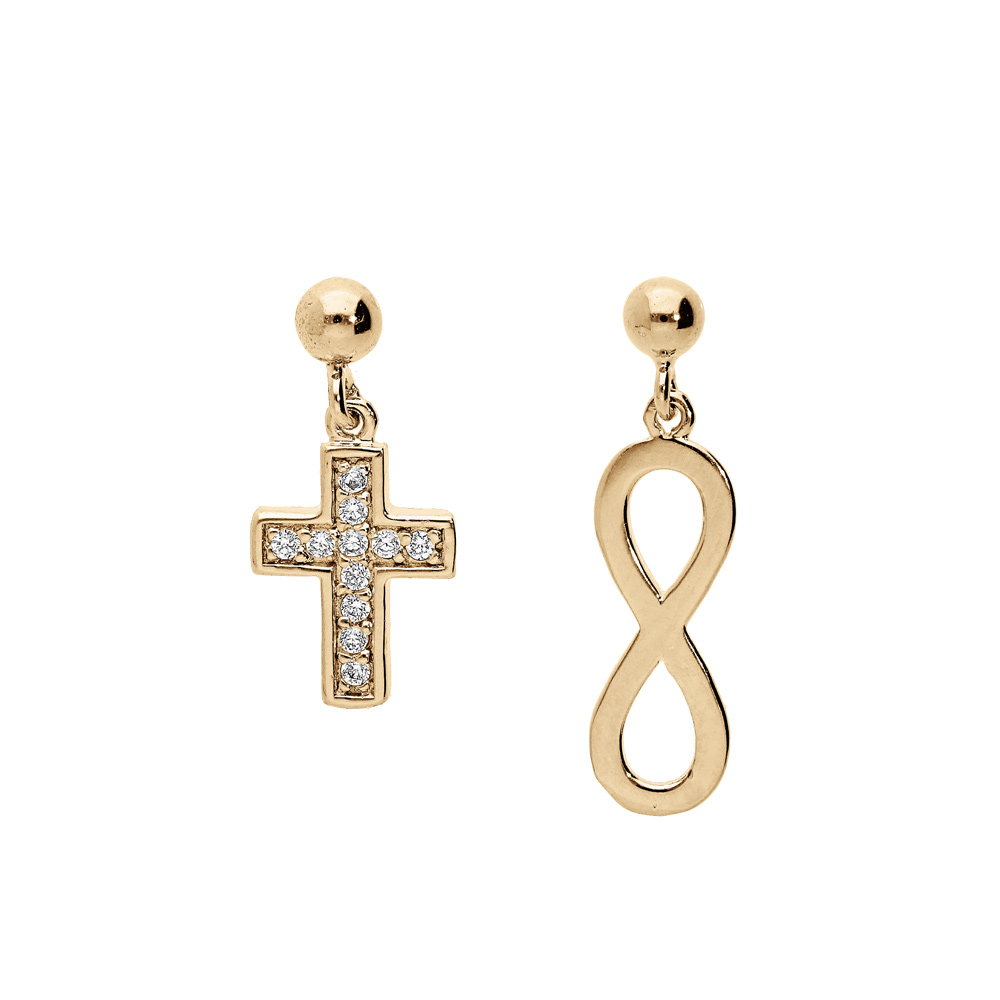 Boucles d\'oreille en plaqu� or symbole infini et croix avec oxydes blancs sertis et fermoir poussette - Vue 1