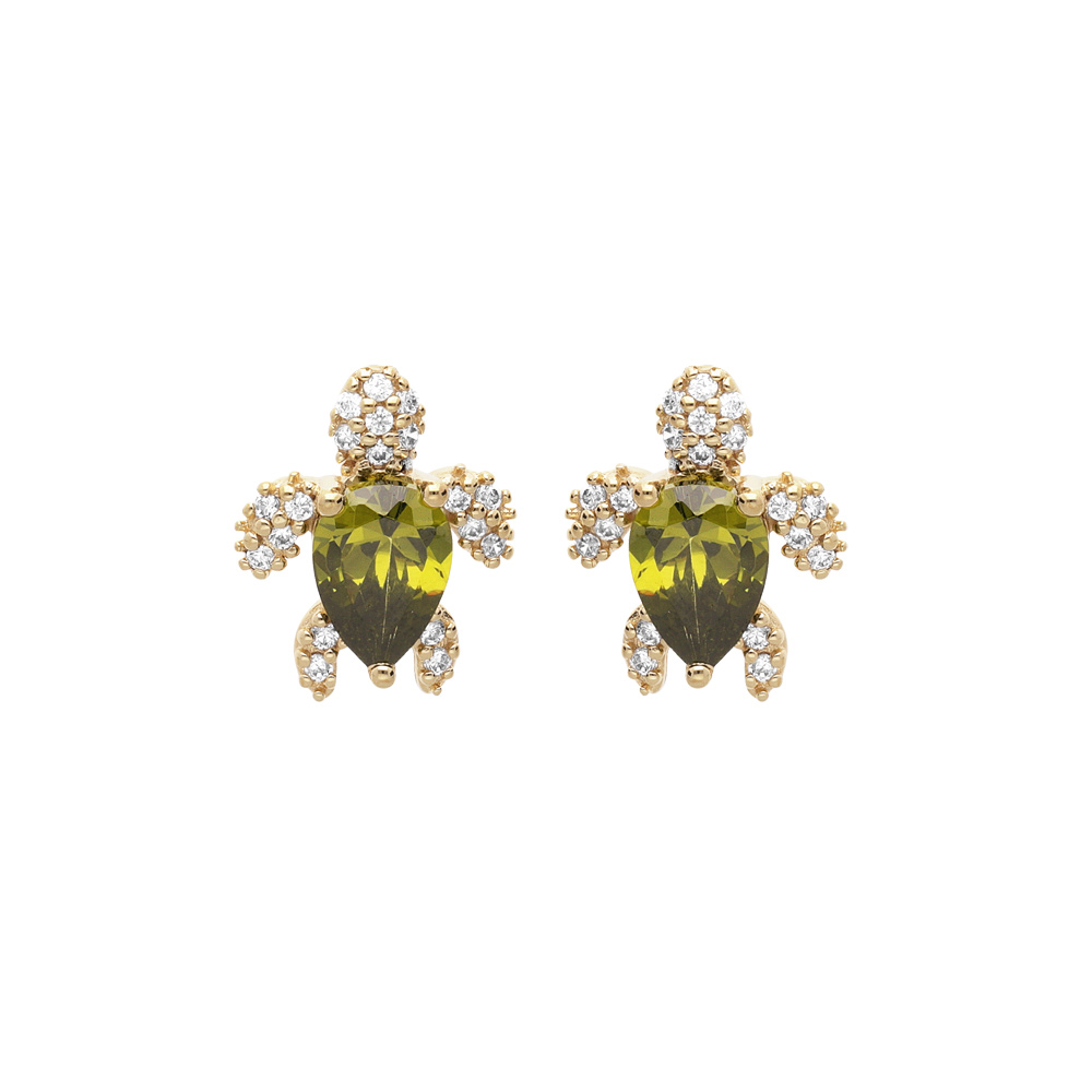 Boucles d\'oreille en plaqu� or tortue oxyde vert et blancs et fermoir dormeuse - Vue 1