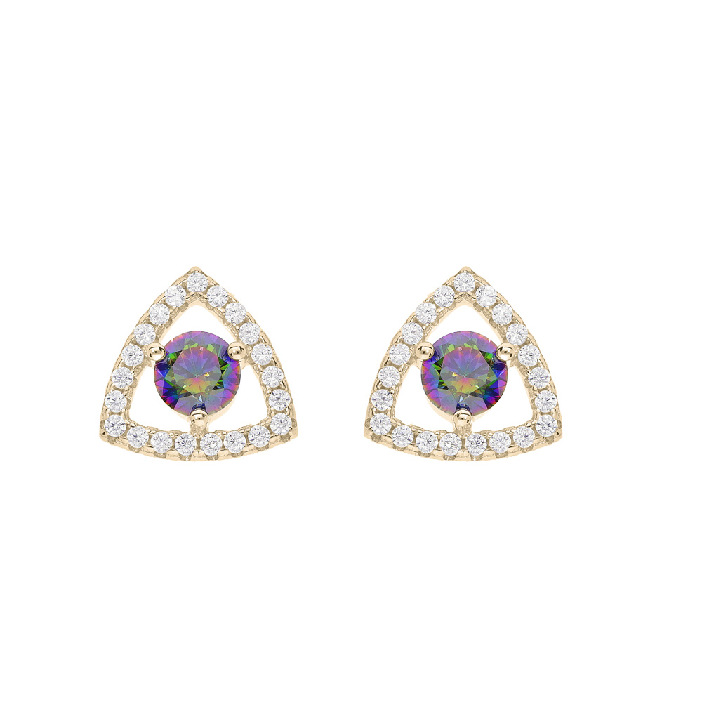 Boucles d\'oreille en plaqu� or triangle oxyde arc en ciel mystique contour oxydes blancs sertis - Vue 1