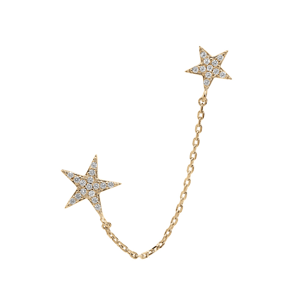 Boucles d\'oreille en plaqu� or (2 trous) double �toile oxydes blancs sertis (vendu � l\'unit�) - Vue 1