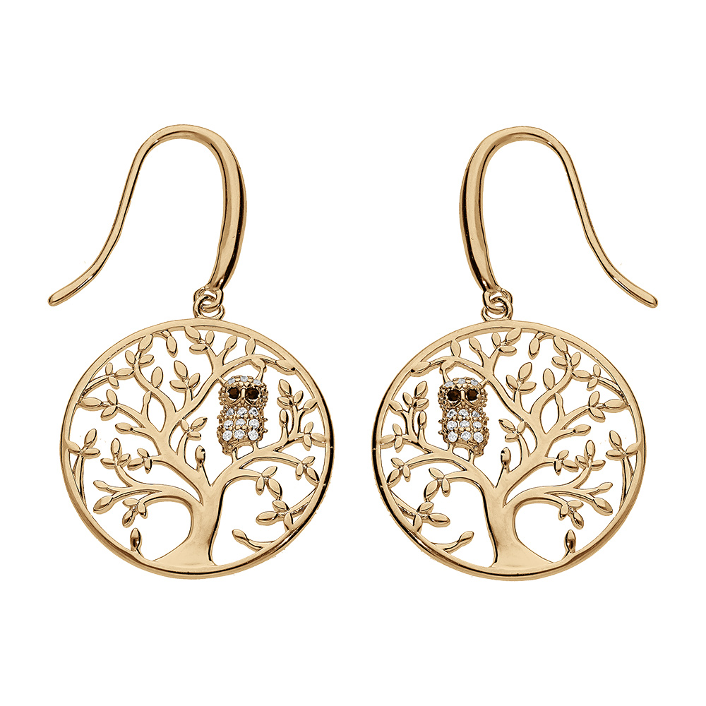Boucles d\'oreille en vermeil arbre de vie avec hibou - chouette empierr� - Vue 1