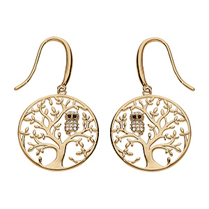 Boucles d'oreille en vermeil arbre de vie avec hibou - chouette empierr�