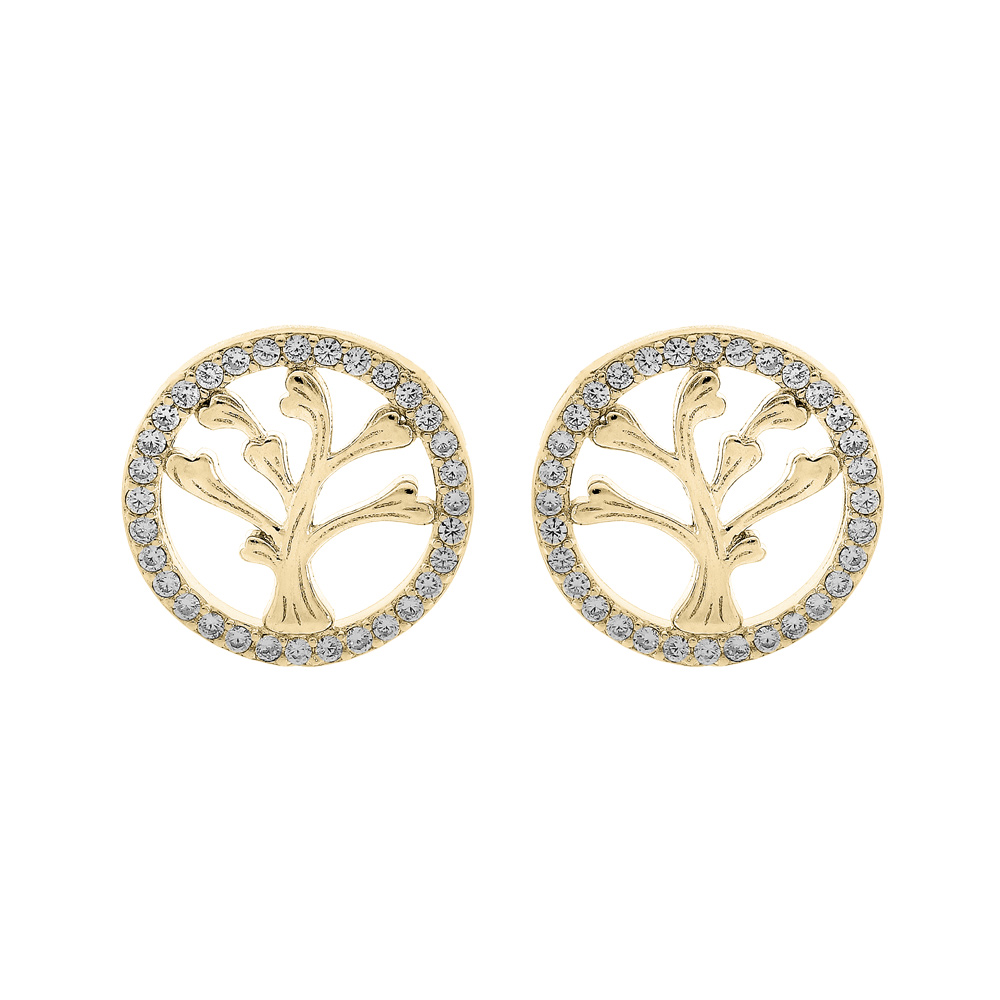 Boucles d\'oreille en vermeil arbre de vie contour oxydes blancs sertis et fermoir poussette - Vue 1