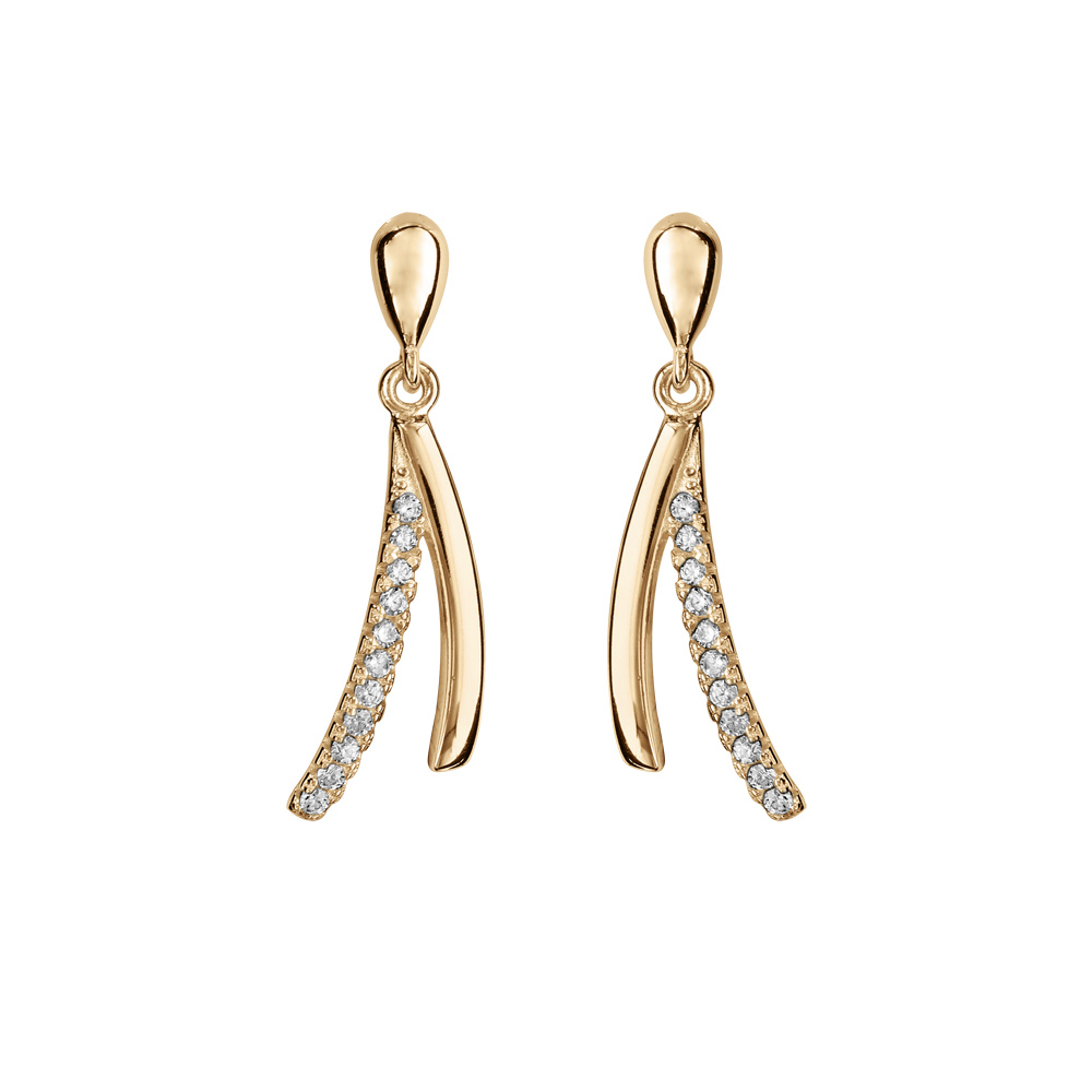 Boucles d\'oreille en vermeil 2 brins suspendus lisse et avec oxydes blancs sertis et fermoir poussette - Vue 1