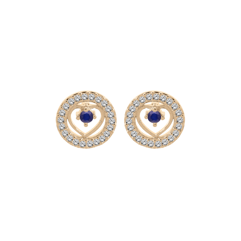 Boucles d\'oreille en vermeil coeur Saphir v�ritable contour oxydes blancs et fermoir poussette - Vue 1